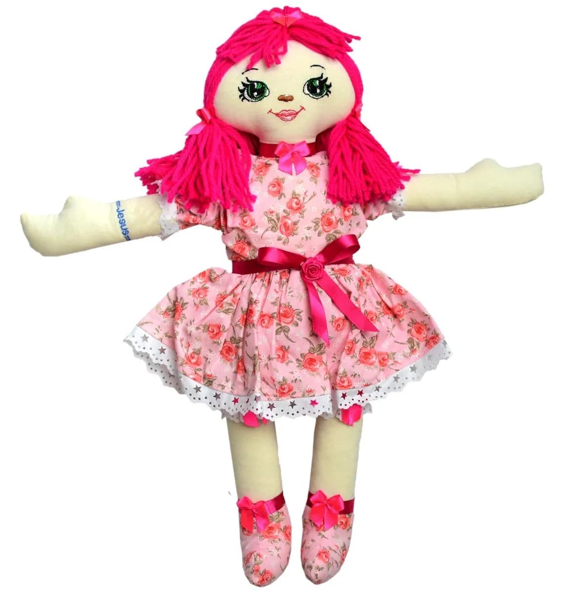 Boneca Rebeca: Cabelos rosa, vestido rosa floral e laços em rosa intenso.